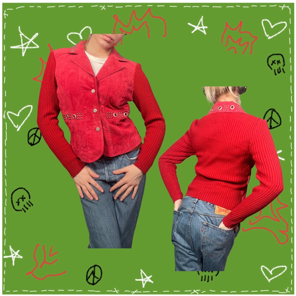 vintage AMJ red suede jacket with knit sleeves